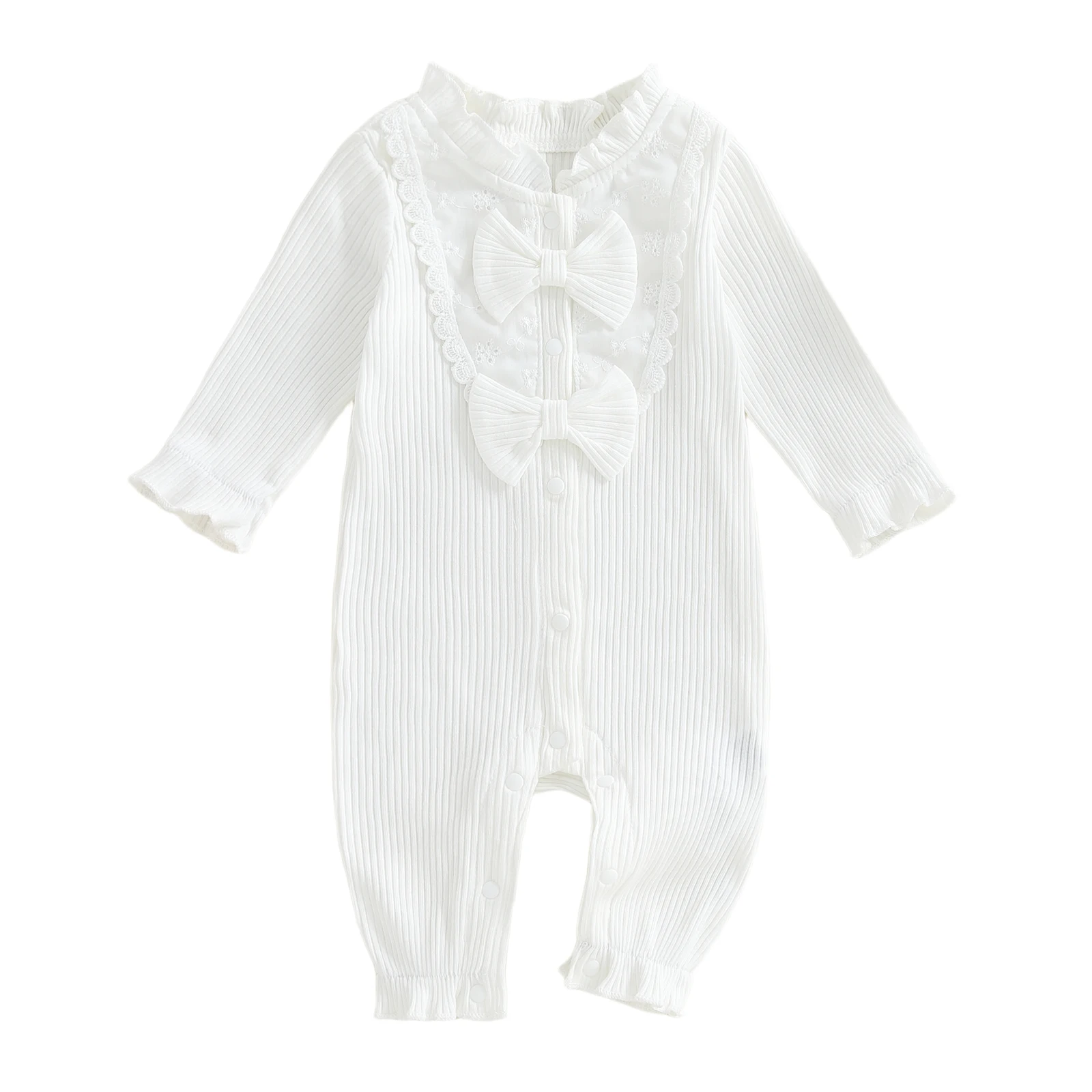 

Baby Girls Bow Romper Fashionable Lace Trim Frill Mock Neck Long Sleeve Bubble Jumpsuit