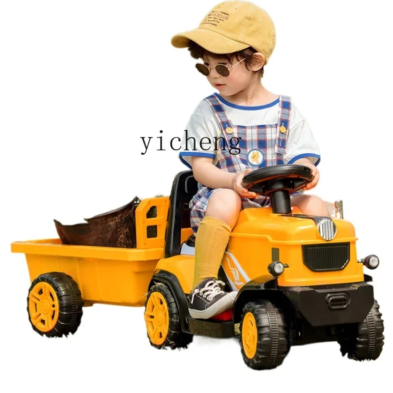 Coche de juguete con tractor eléctrico para niños XL con cubo puede sentarse en cuatro ruedas recargable con coche de Control remoto