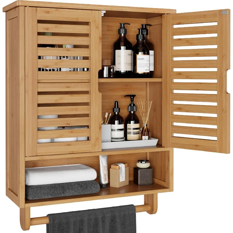 Bathroom Wall Cabinet with Towels Bar, Bamboo Over The Toilet Storage Cabinet with 2 Doors and Adjustable Shelves, Medicine