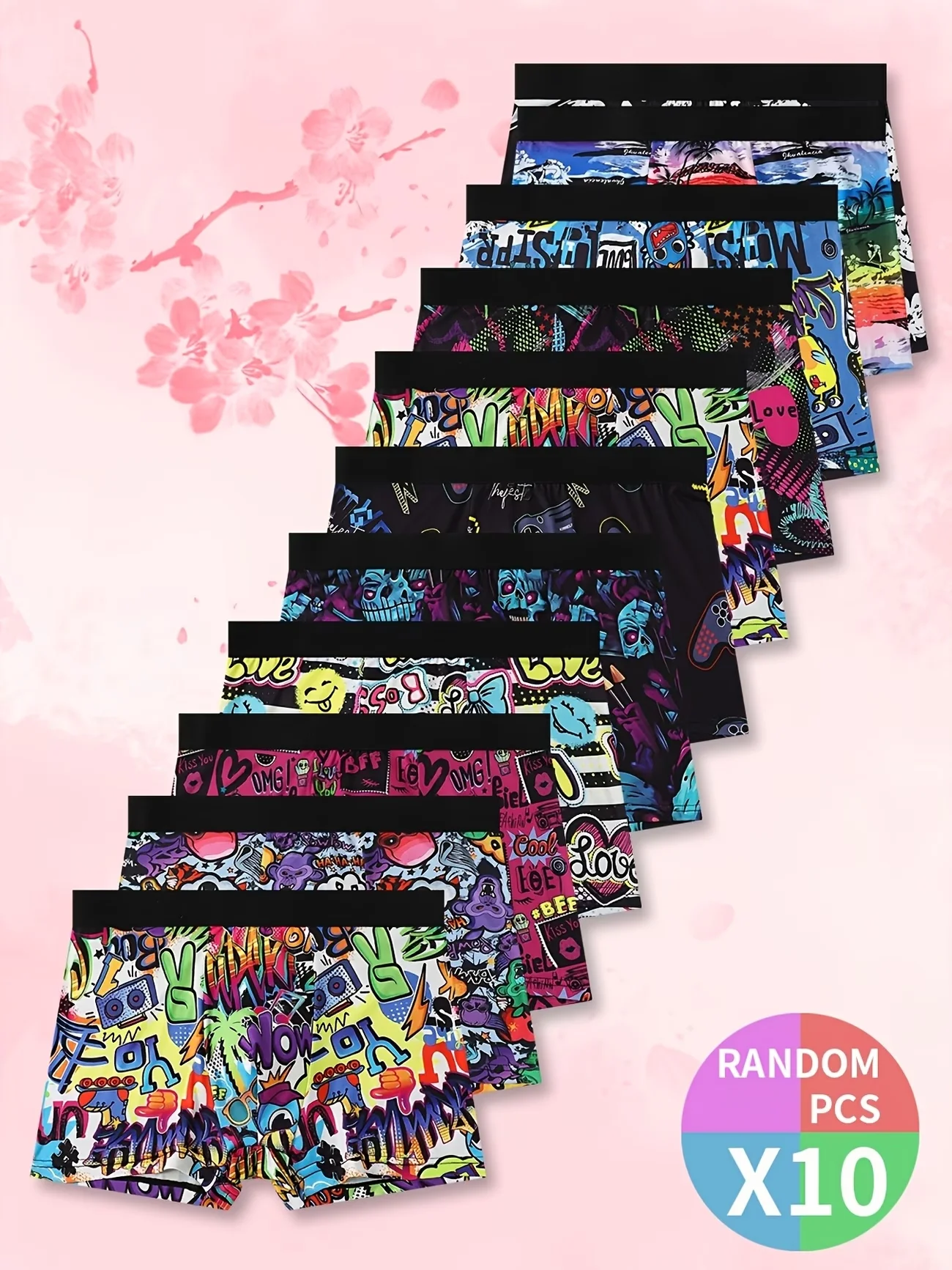 10 Piece Random Graffiti Printed Men's Personalized Boxer Shorts, Sports and Comfortable Underwear, Men's Casual Underwear