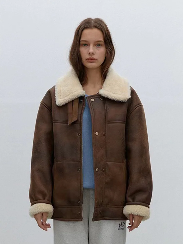 

Women's Fur And Leather Jaet 2024 Winter New Loose Mermaid Collar Coat Long Sve Double Layer Collar Synthetic Fur Commut...