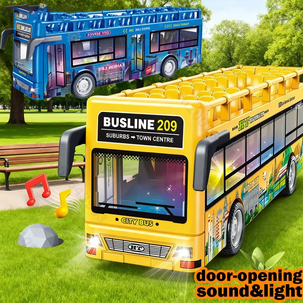 

Двухэтажная модель экскурсионного автобуса, литая под давлением машина с откатным механизмом, игрушечный инерционный автомобиль, городской тур, автобус, дверь, открытый свет, звуковые игрушки для мальчиков