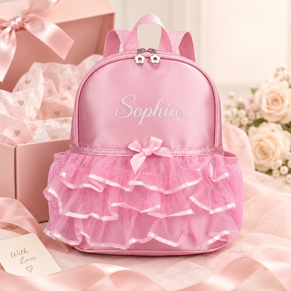Embroidered Name Pink Puffy Skirt Bow Backpack, Cute Multi-Layer Princess Ruffle Tulle for Daily,Sweet Birthday & Christmas Gift