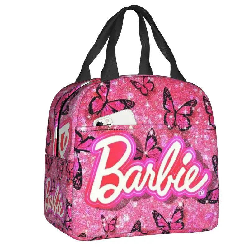 Custom Barbies Butterfly Insulated Lunch Bag for Camping Travel Portable Thermal Cooler Lunch Box Women Children