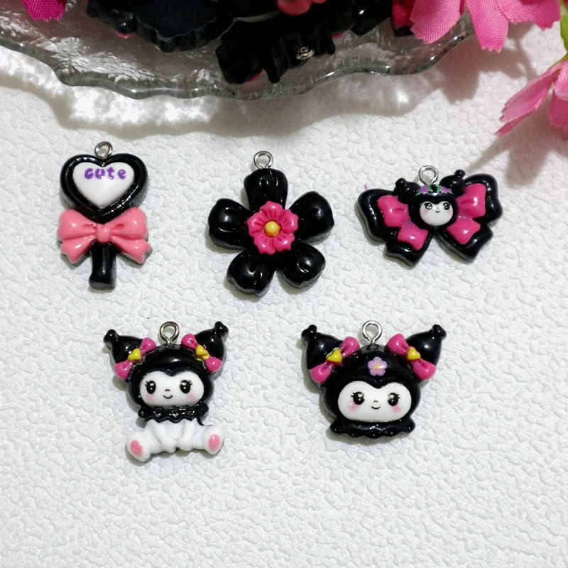 10pcs Kawaii Kuromi Resin Nailing Pendant Cute Bow Flower Shiny Anime Charms DIY Bracelet Earring Keychain Decoration Accessory