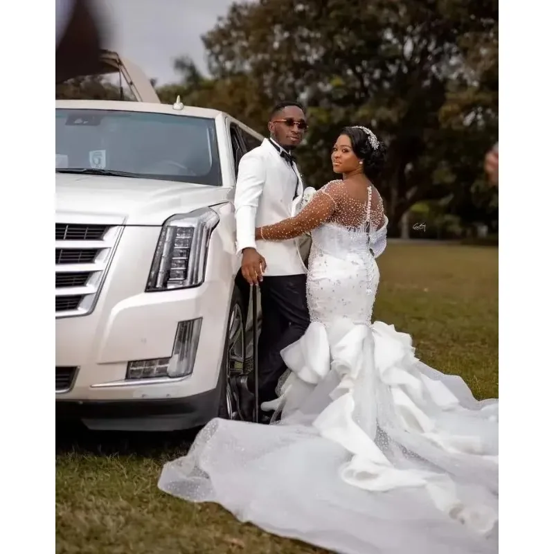 

Customized Sparkly Crystals Beaded Mermaid Wedding Dresses Sheer Neck Long Sleeve Bridal Gowns Dress White Plus Size Bridal