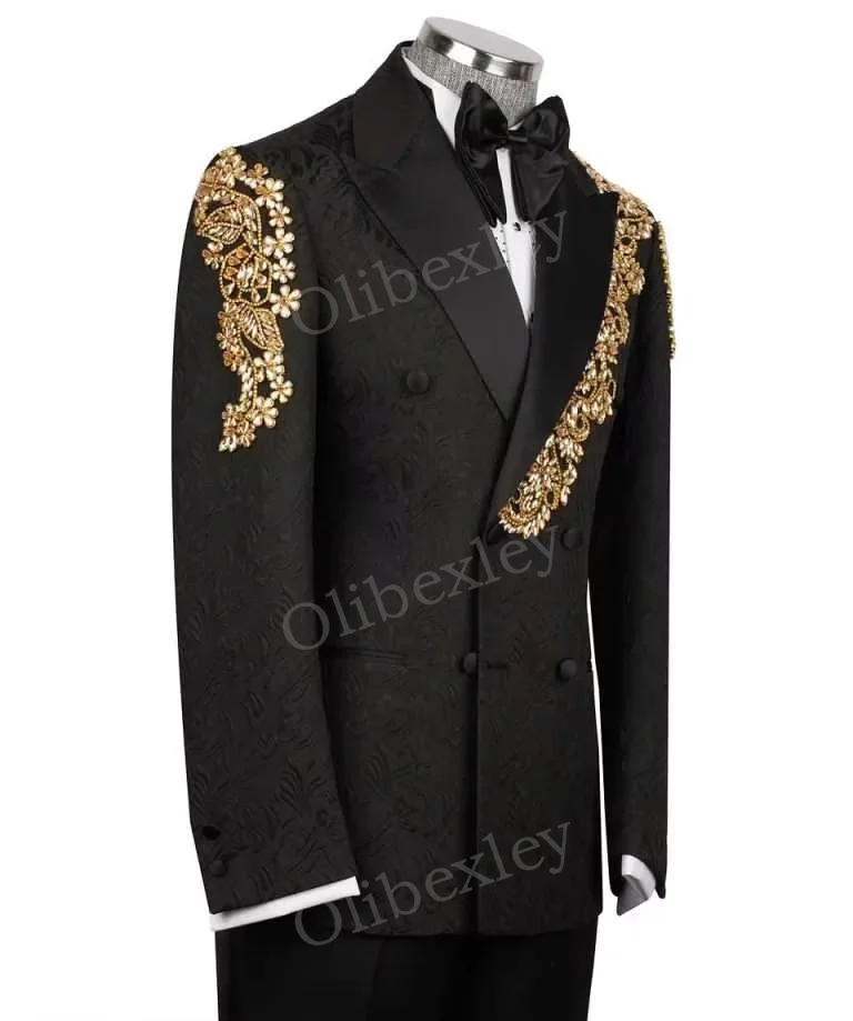 Luxury Men's Suits 2 Pieces Elegante Jacquard Double Breasted Slim Fit Tuxedos Wedding Groom Business Dinner Prom