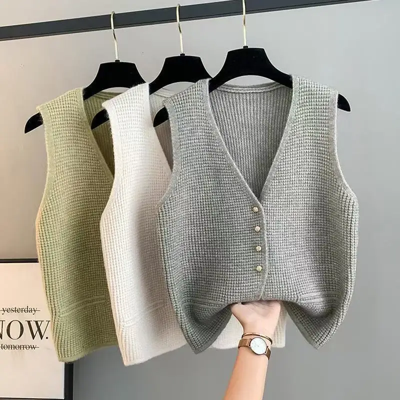 

Autumn Winter Temperament Knitted Vest Jacket Short V-neck Sleeveless 2025 New Casual Waistcoat Sweater Women Pullover Tops