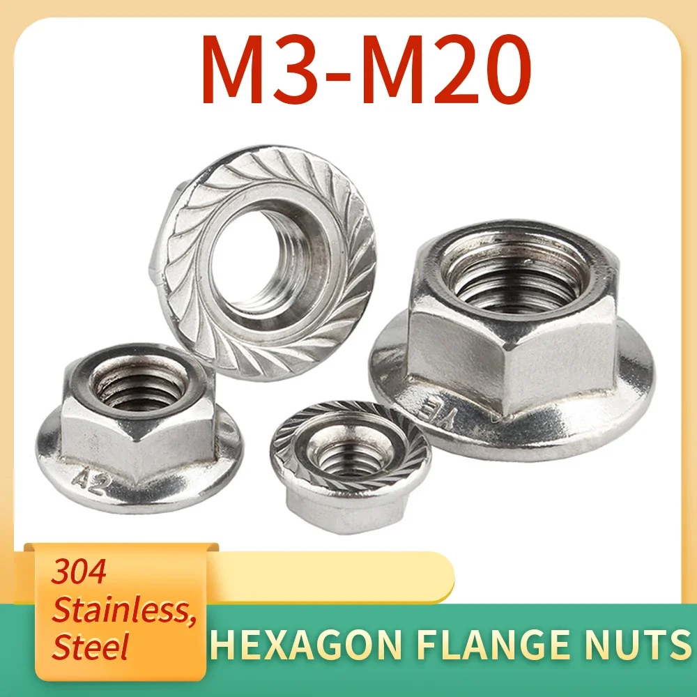 

10PCS M3 M4 M5 M6 M8 M10 M12 M16 M20 Hexagon Flange Nuts 304 Stainless Steel Pinking Automatic Locking Nut Serrated Spinlock