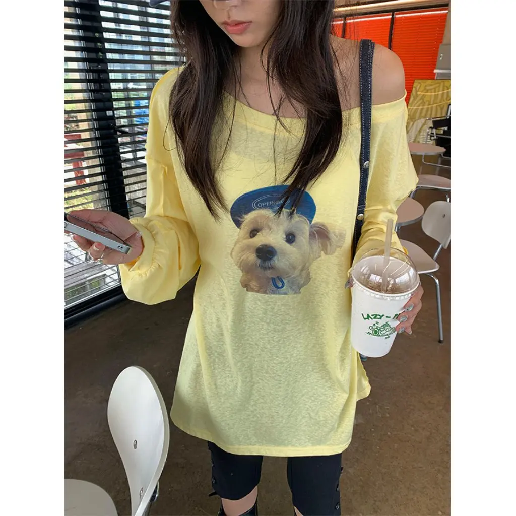 

Loose Dog Print One Shoulder American Style T-Shirt Women's Summer Sun Protection Top Casual Loose Fit Short Sleeve Tee