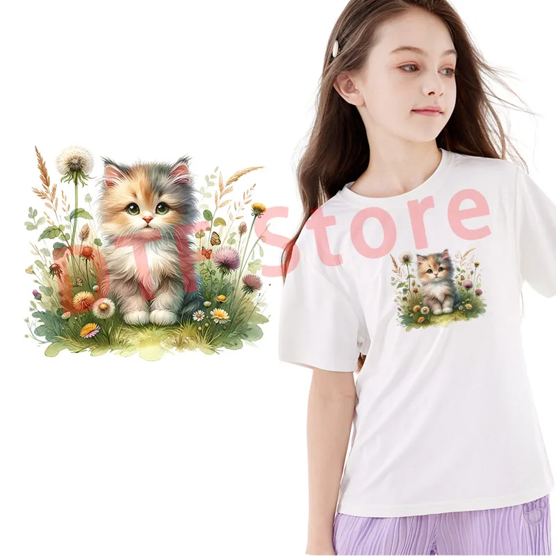 Parche para planchar con forma de gato y flor, transferencia de calor para ropa de niños, listo para presionar, parches para ropa