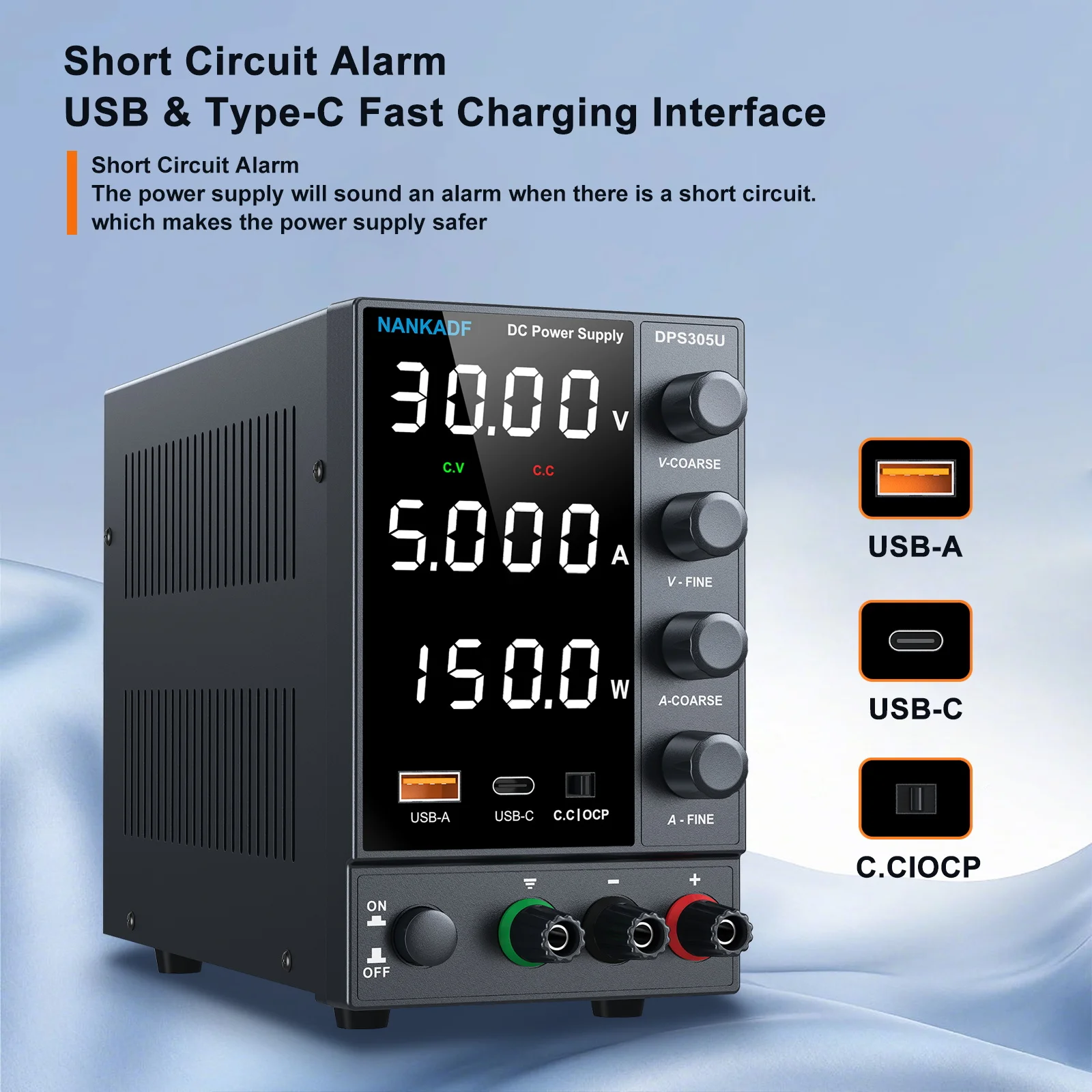 Imagem -05 - Fonte de Alimentação dc Ajustável de Posições Banco de Laboratório 30v 5a 30v 10a 220v 115v ac Conversão de Comutação Usb Tape-c Carregamento Rápido