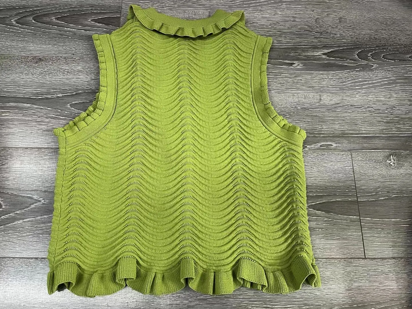 French Ruffle Edge Doll Neck Sleeveless Wave Edge Knitted Tank Top Vest Half Skirt Olive Green Set