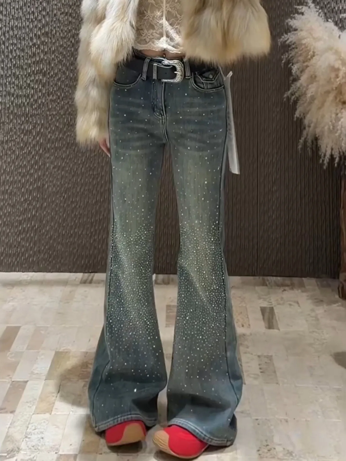 Women's Y2k Flared Jeans Harajuku Vintage Rhinestone Denim Trousers Japanese 2000s Style Jeans Long Pants Clothes