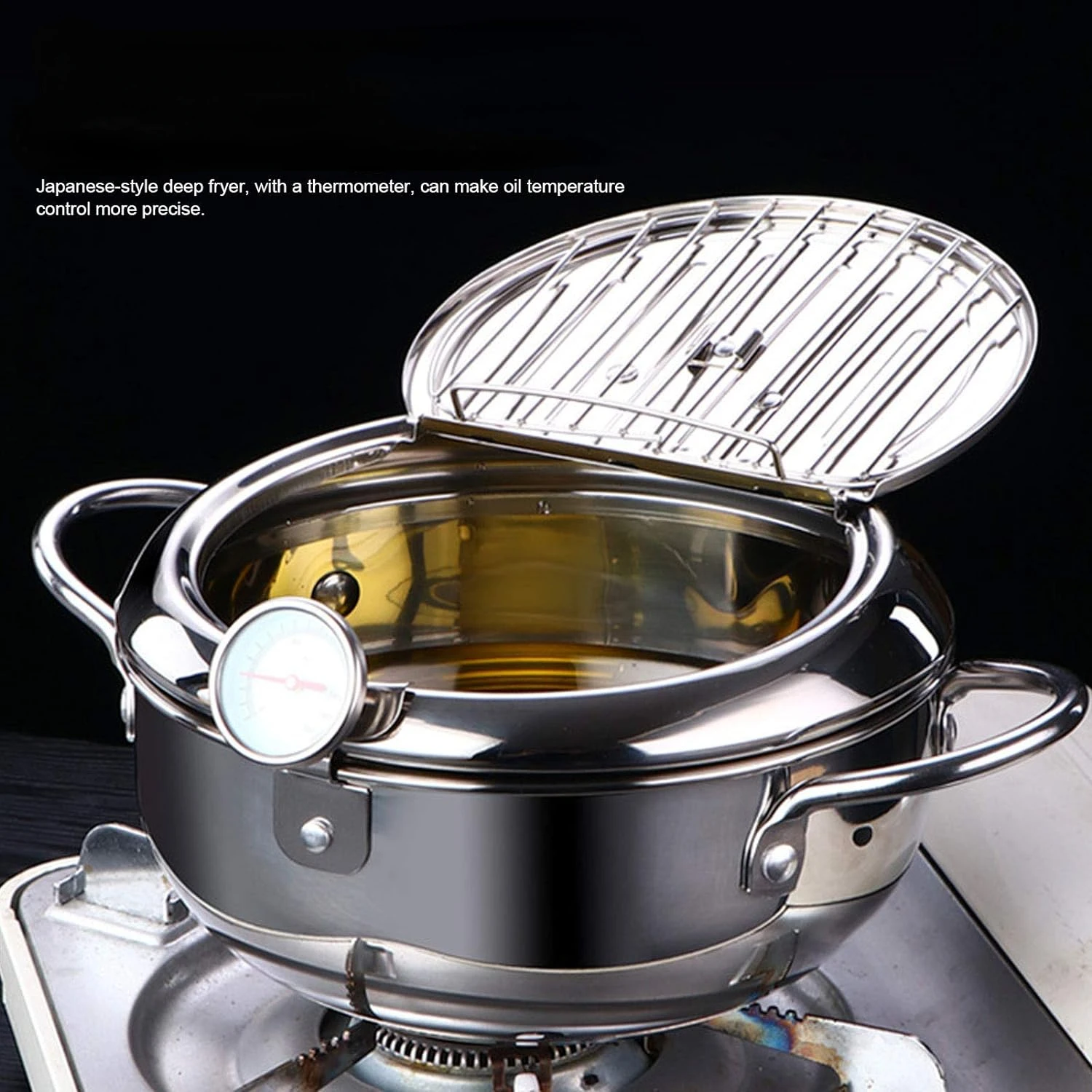Enhanced Premium Quality Small Japanese Stainless Steel Tempura Frying Pot with Convenient Thermometer and Lid - Complete Deep F
