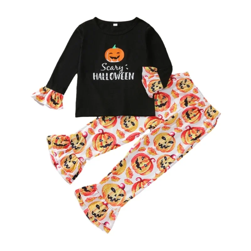 

Autumn New Halloween Girls' Set Pumpkin Letter Long Sleeve T-shirt Bellbottom Pants Two Piece Set