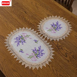 4 pezzi BOHAO Tablemat Set di lusso tovaglia ovale rettangolare in pizzo ricamato lavanda per tovaglietta in lino per tovaglietta da pranzo per feste