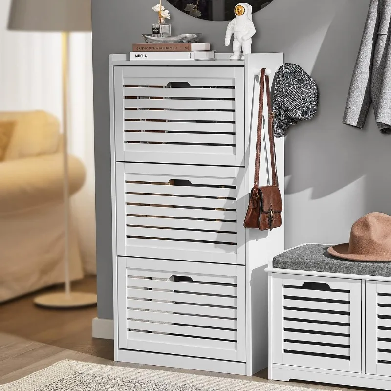 

Shoe Cabinet with 3 Flip Drawers, Freestanding Shoe Rack with Hooks, Shoe Storage Cupboard Organizer Unit, White, FSR108-W