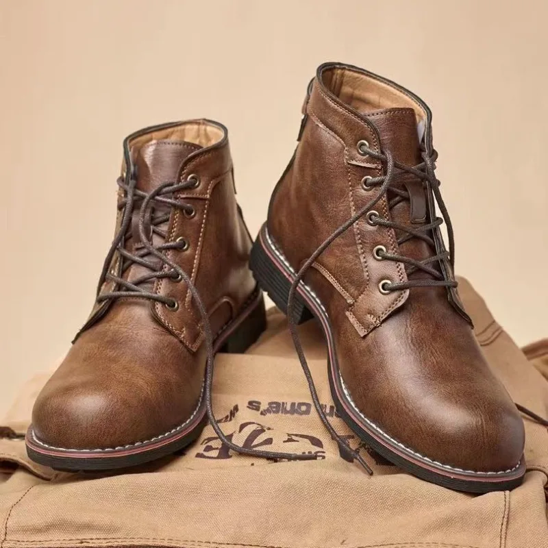 Leather Men Boots Retro Round Toe Ankle Boots Autumn Punk Street Style Chunky Motorcycle Boots Botines for Male botas masculino view 2