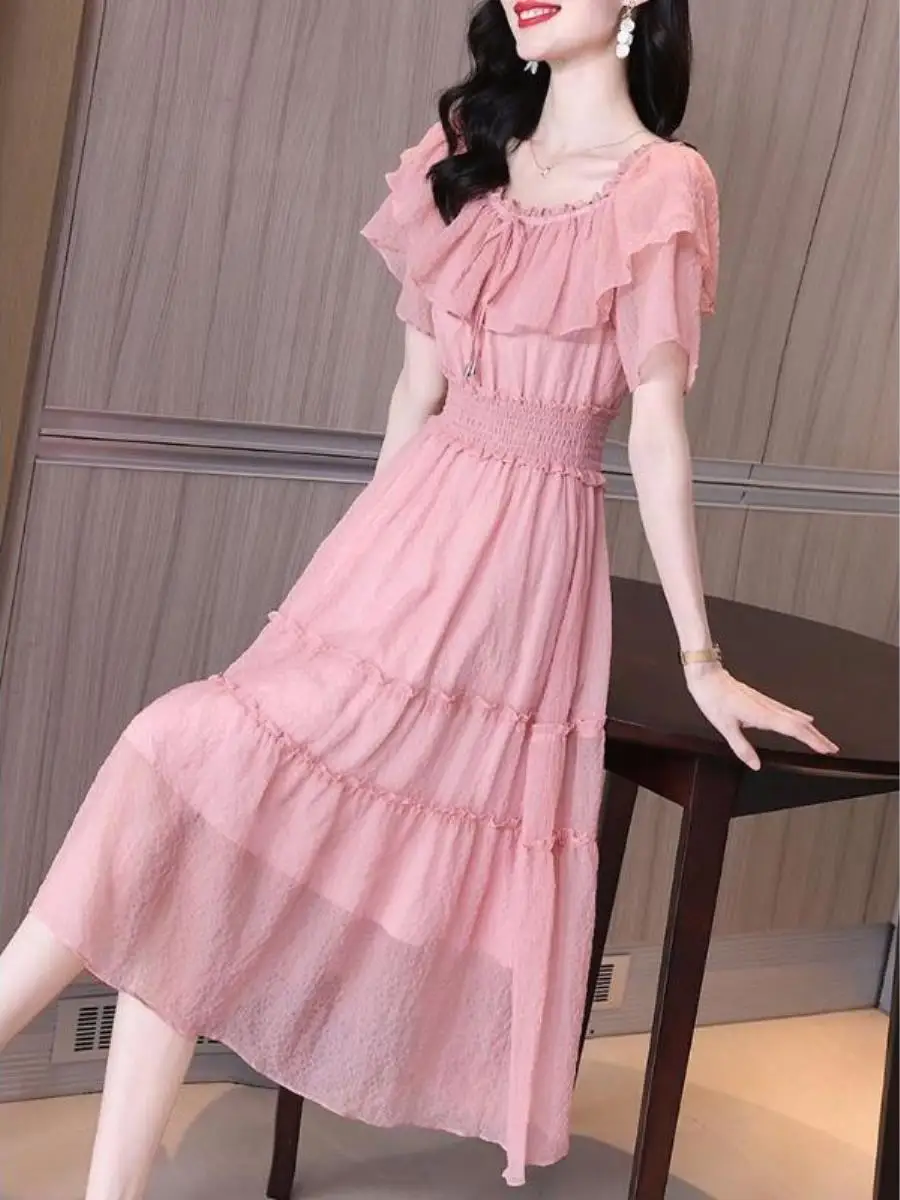 Estate New Sle Pure Color Confortevole Chiffon Dr Dimagrante Bell Sve Vita Cinched Faionable Casual Ladies Dr