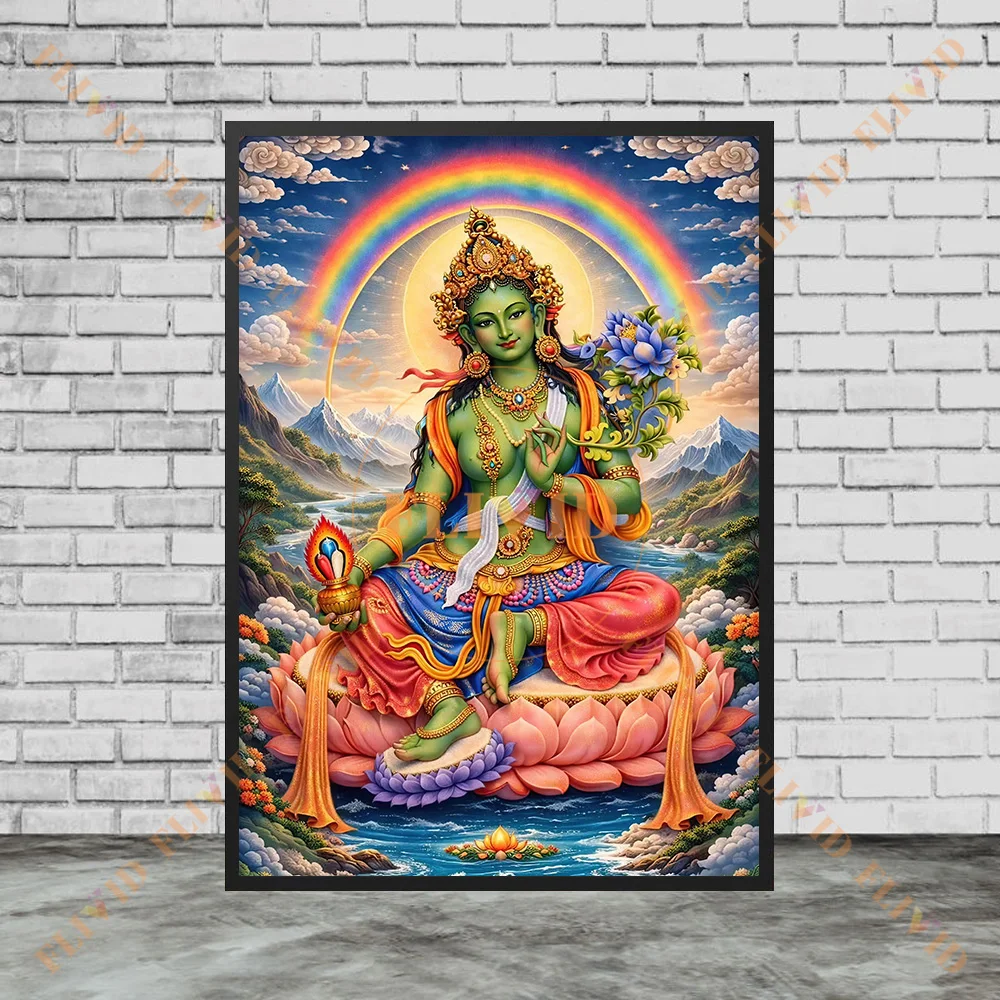 Tibetan Buddhist Green Tara Thangka Canvas Print, Traditional Religious Wall Art, Spiritual Art Poster Print Home Decor