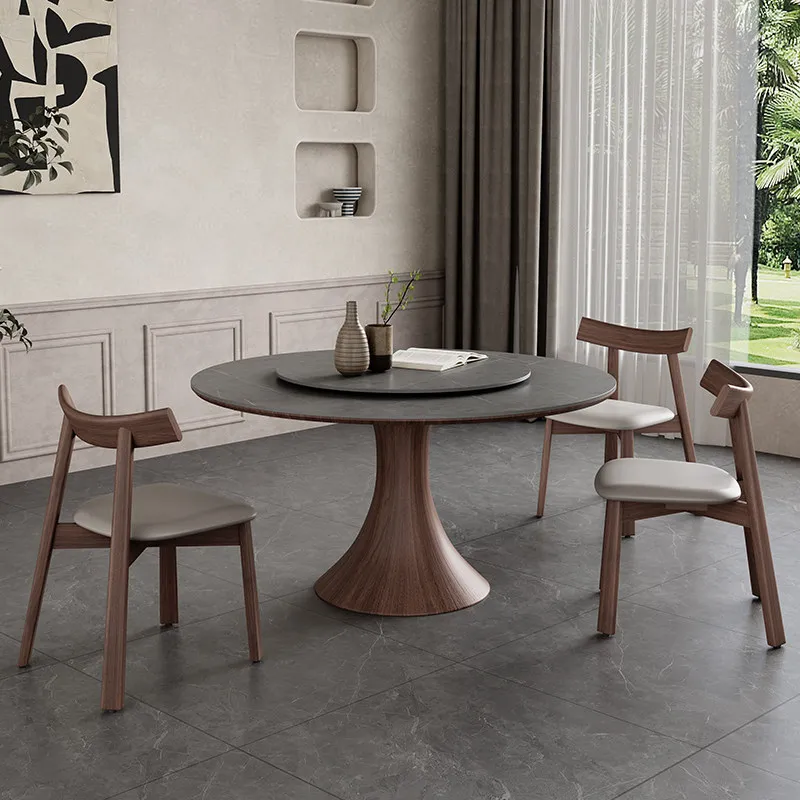 Nordic solid wood dining table round turntable modern simple walnut sticker wabi sandy wind Italian matte rock slab round table