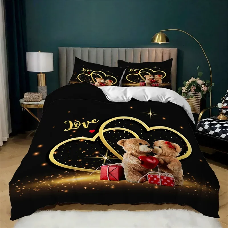 Love Heart Duvet Cover Set Microfiber Bear Comforter Cover Soft Romantic Bedding Sets Valentine's Day For Girls Women Room Decor