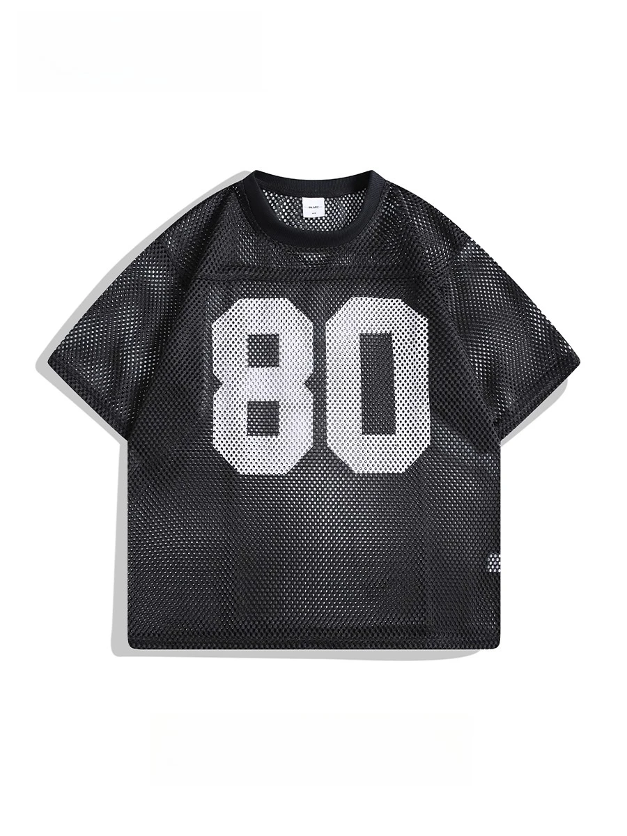 

Korean Racing Shirt Hollow Mesh Football Uniform Men Women Letter Printing American Retro Hip-hop Trend Short-sleeved T-shirt
