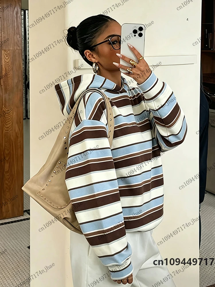 2026 Neue Vintage-Streifendruck-Hoodies für Damen, Herbst-Winter-Langarm-Sweatshirt, lässiger Street-Pullover, Oversized-Unisex-Oberteil – Detail 3