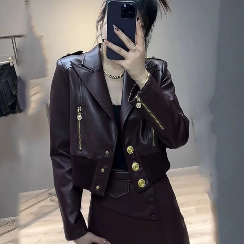 ジッパーラペルPUレザージャケット ソフトレザー ファッションデザインセンス ショートコート レディース 2025 春秋新作 アウター 女性用