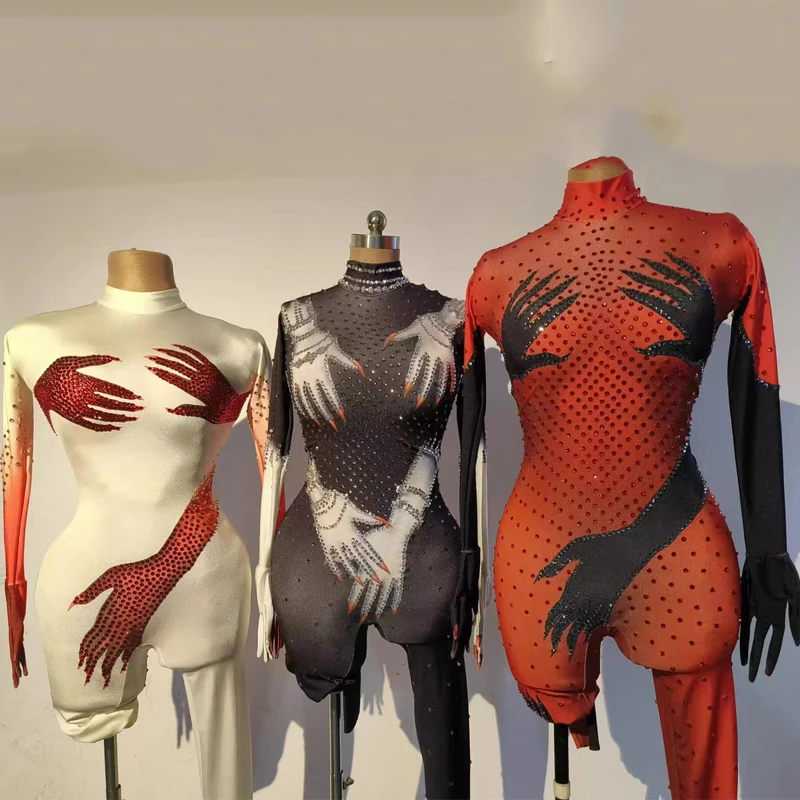 3 farben Frauen Party Strass Overall Handschuhe Sexy Gogo Dance Sets Drag Queen Kostüm Halloween Nachtclub Ds Dj Rave Outfit