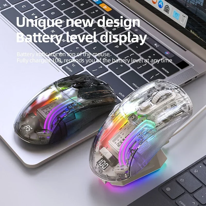 PARA Attack Shark X2 Pro Mouse Bluetooth de carregamento magnético, tri-modo, luzes RGB, transparente, indicador de bateria, telefone de computador