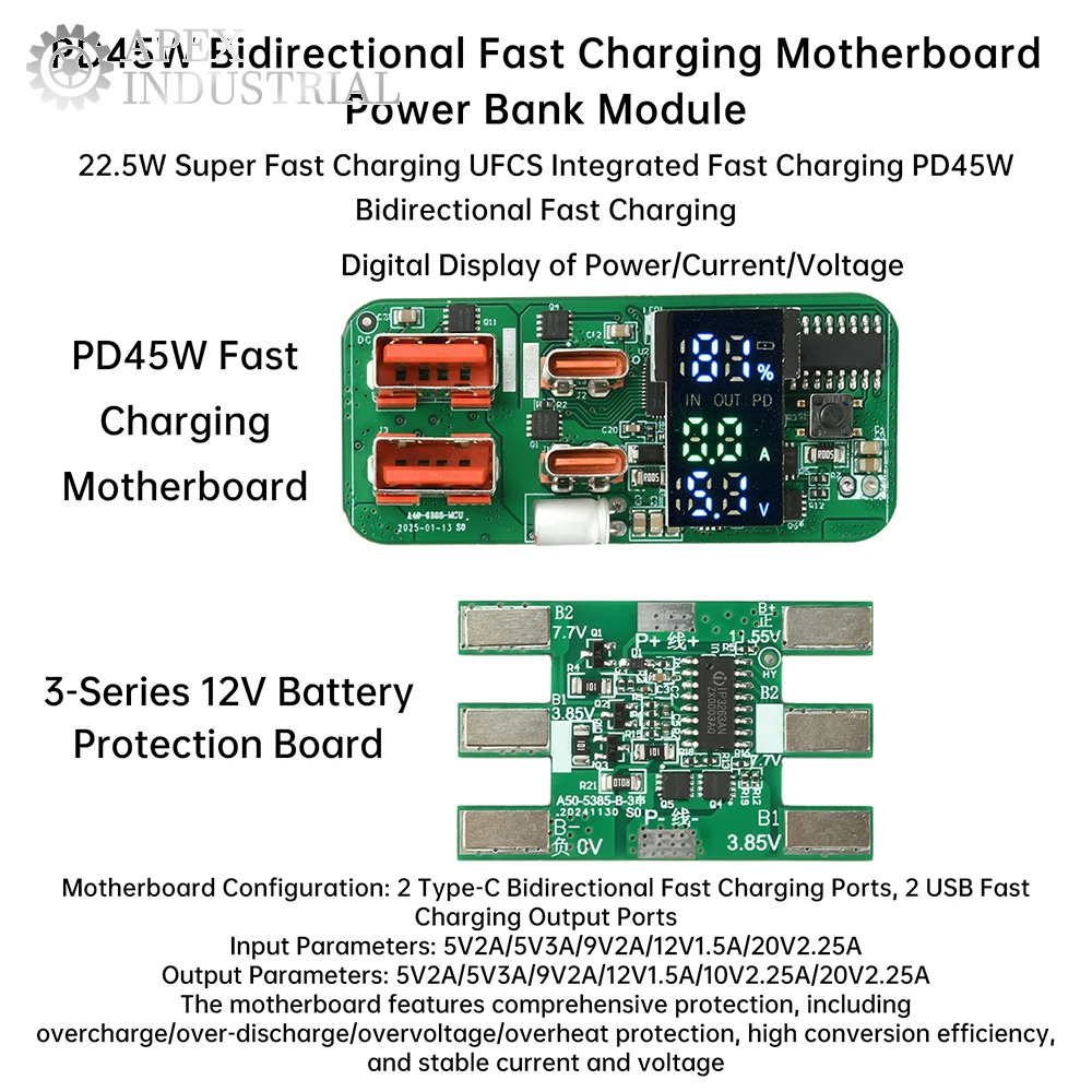PD45W Bidirectional Fast Charging Module DIY Mobile Power Bank Motherboard 3S Battery Protection Board DIY Type-C Dual USB