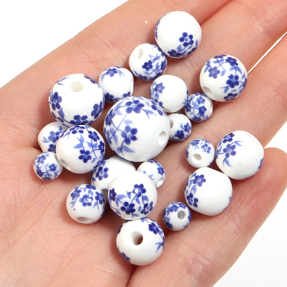20pcs 6/8/10/12mm Vintage Blue/Red White Orchid Round Ceramic Beads For Jewelry Making DIY Bracelets Necklaces Beaded Accessorie