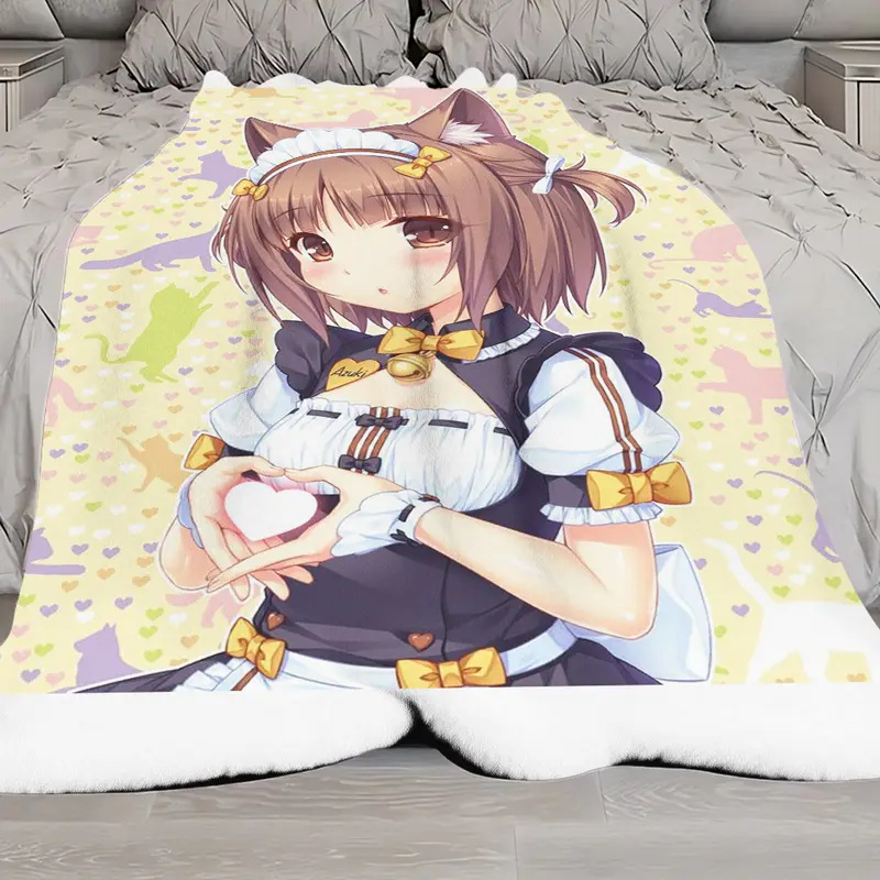 Nekopara Azuki Flannel Blanket, Cute Cat Girl Maid Throw Blanket for Bedroom Sofa Decor - Image 5