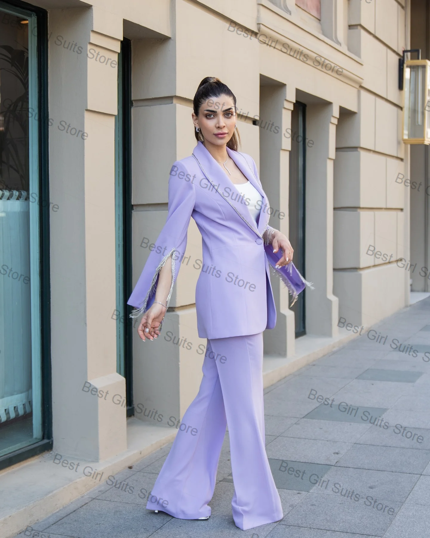 

Light Purple Women Suit Set 2 Pcs Beading Blazer+Pants Trousers Formal Office Business Jacket Customized Wedding Guest Coat