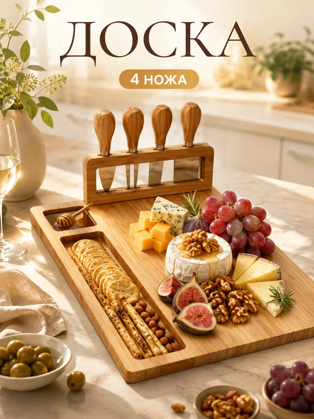 Bamboo cheese board with 4 knives and compartments, serving board for cheese, snacks, fruit and nuts