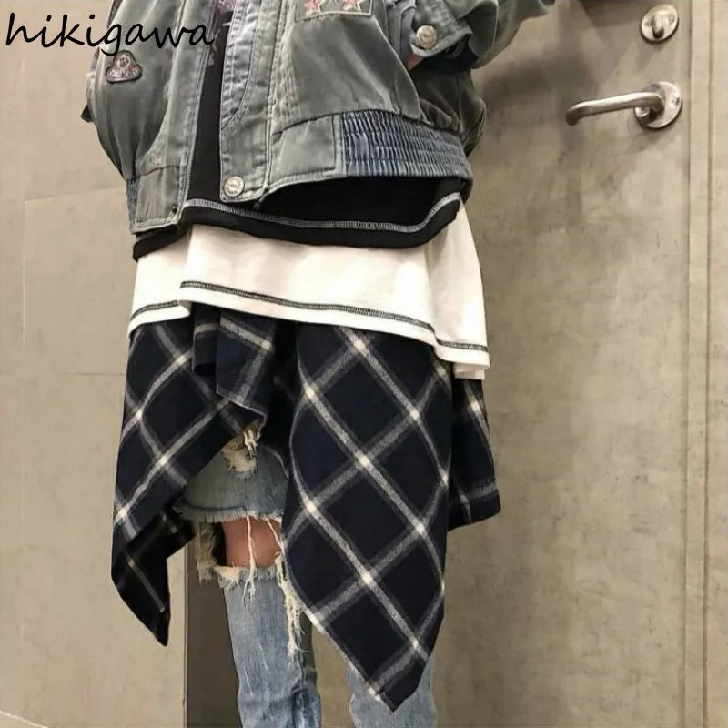 Harajuku mini saia para mulheres streetwear bf bandagem vintage jupe moda casual xadrez saia y2k saias 2025 faldas mujer de moda