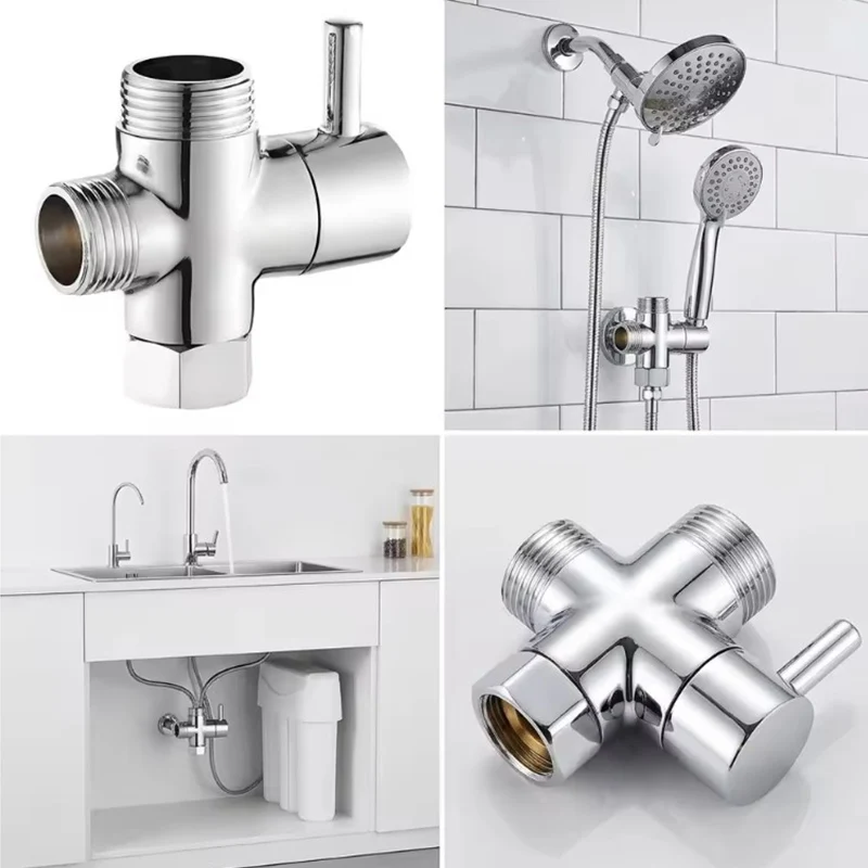Three Way T-shaped Shower Diverter Valve G1/2 Alloy Faucet Connector Bathroom Shower Water Diversion Adapter