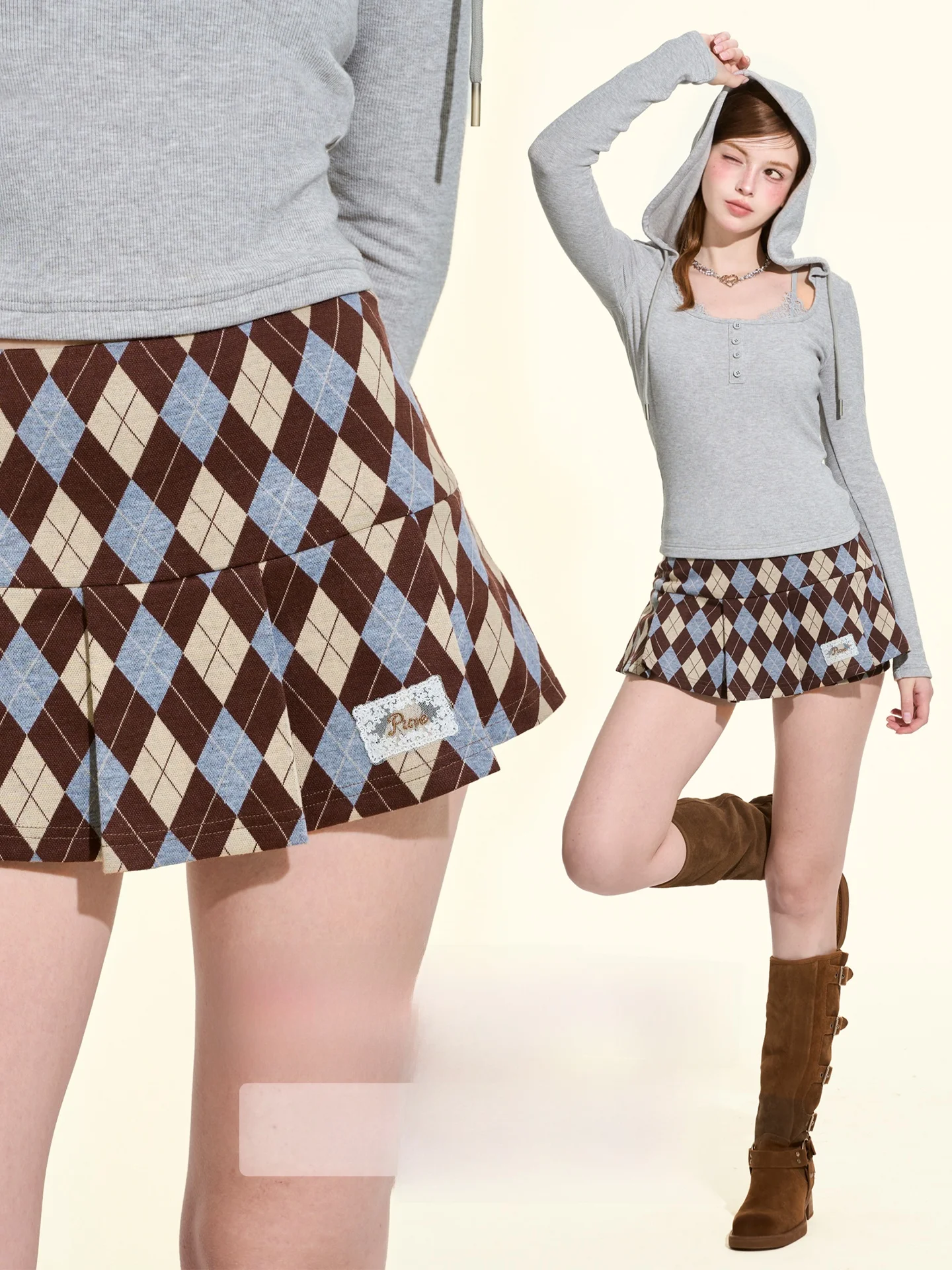 GirlyFancyClub Pure Series Vintage College Brown Plaid  Skirt A-Line Half-length Pants Skirt Soft Comfortable Knitted Wom...