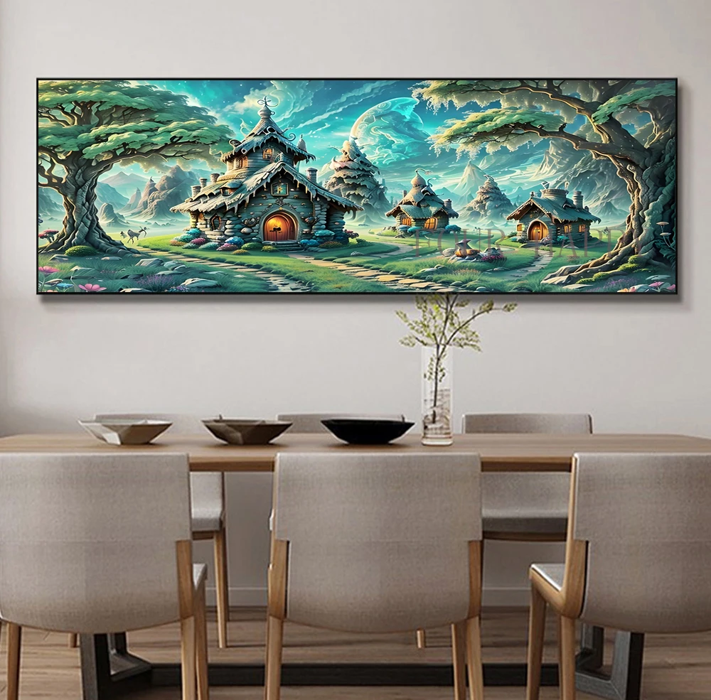 5D DIY Large Diamond Painting Cross, Landscape Wall Art, Full Round Drill, Embroidery Home Decor, Dream Houses, Trees