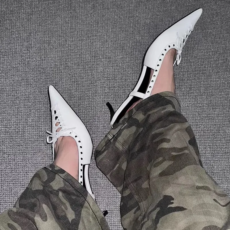 Pointed Cat Heel Pointed Sandals for Women 2023 New Fashion Spicy Girl Riveted High Heels 35-39 White Hollow 12cm/5cmBow Sandals