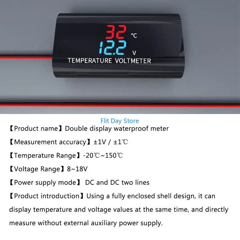 F92C 0.28 นิ้วความดันคู่การแสดงแรงดันไฟฟ้ากันน้ำสำหรับเทอร์โมมิเตอร์ 12V โวลต์มิเตอร์