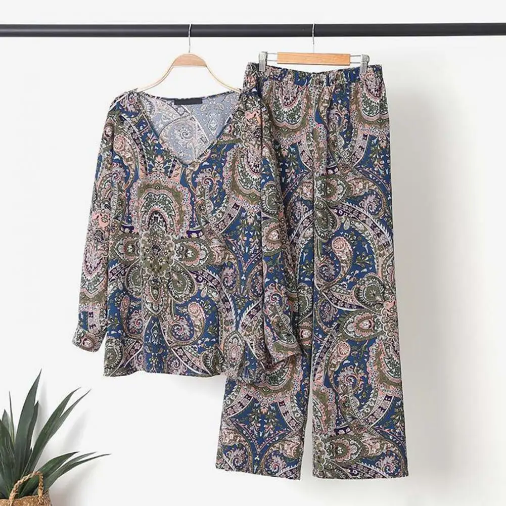 

2Pcs/Set V-Neck Long Sleeve Casual Outfit Elastic Waist Thin Women Bohemia Print Top Wide Leg Pants Streetwear