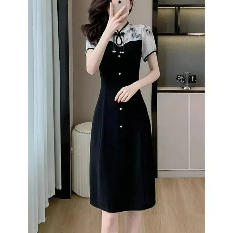 Fashion Temperament Elegant Chinese Style Cheongsam Dress Short Sleeved Print Patchwork Stand Neck Button Summer A-line Dresses