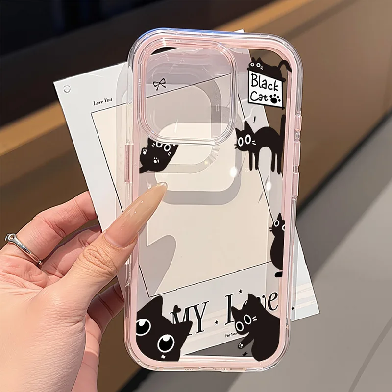 

Cute Black Cat Phone Case For iPhone 15 14 13 11 12 17 16 Pro Max Funda iPhone 17 Air Shockproof 2 IN 1 Soft Transparent Cover