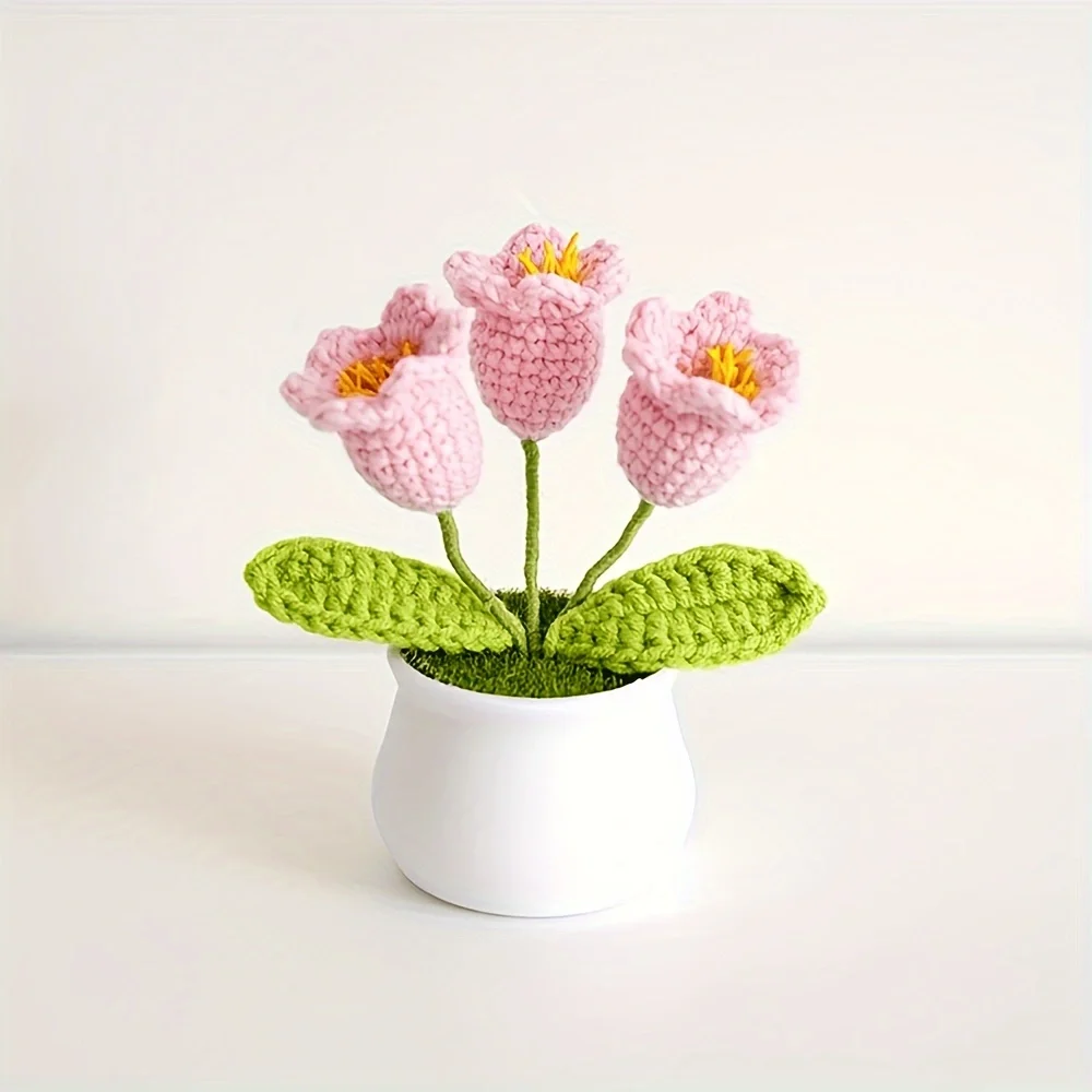Boutique handmade woven 3-head lily of the valley potted home decoration, knitted simulation flower hook woven belt basin