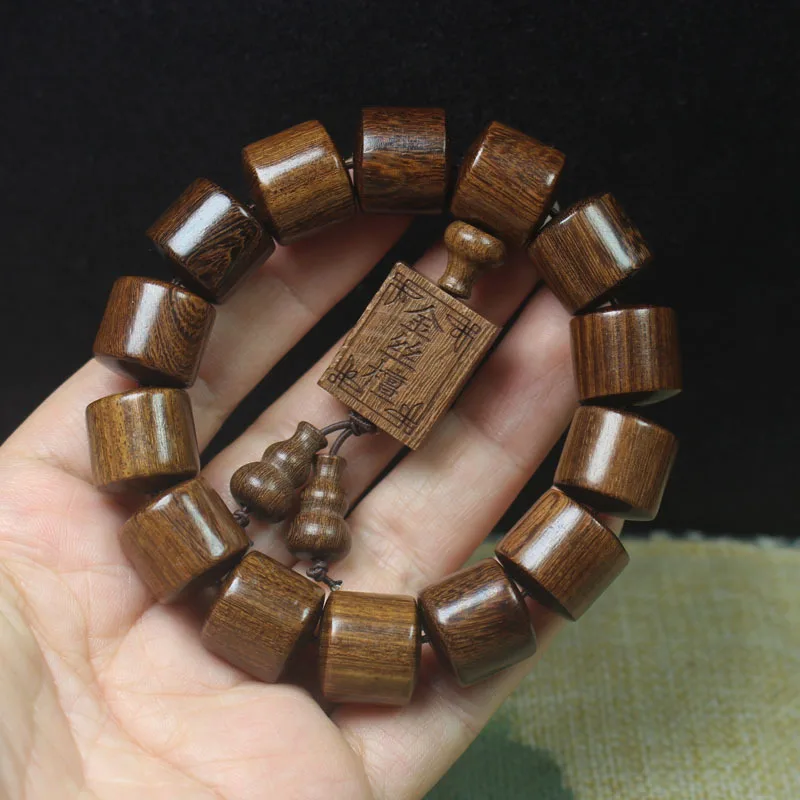 Golden Sandalwood Barrel Bead Bracelet with Square Pendant, Chinese Style Sandalwood Wooden Buddhist Prayer Beads