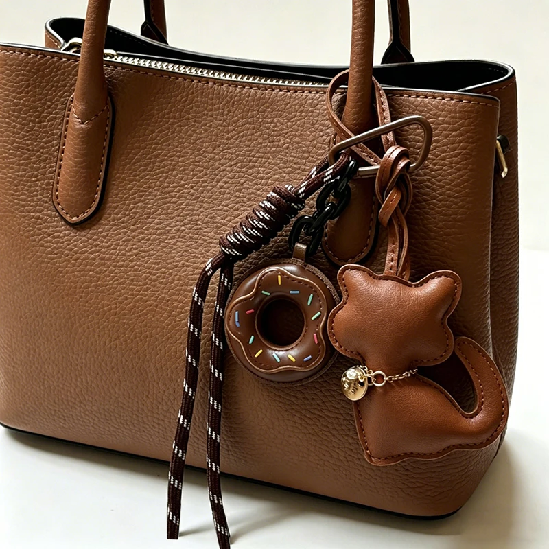 Cute Leather Cat Bag Charm Kawaii Donuts Keychain with Aesthetic Backpack Pendant Gift for Cat Lovers Women Girls