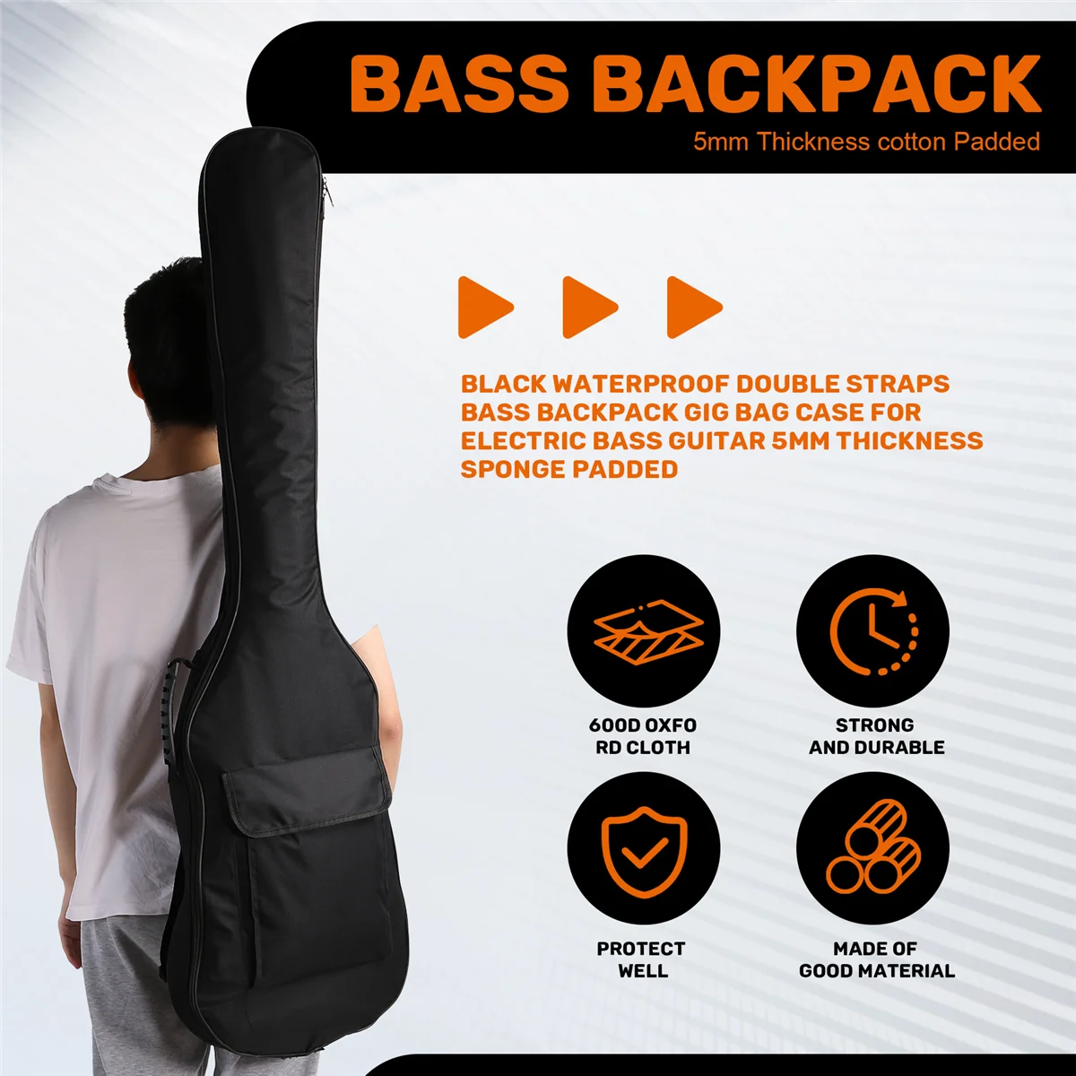 防水ダブルストラップバックパック,ギグバッグ,エレクトリックベースギター用ケース,パッド入りスポンジ,厚さ5mm,ブラック